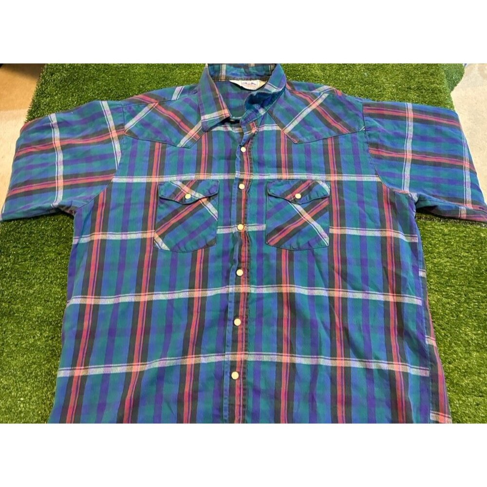 Vintage five brother shirt mens XL blue green pearl snap pockets western 39 - Picture 5 of 13